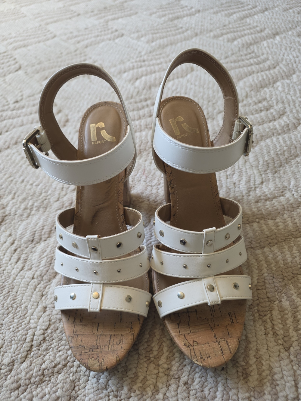 Report White Silver Studded Cork Wedge Sandals.